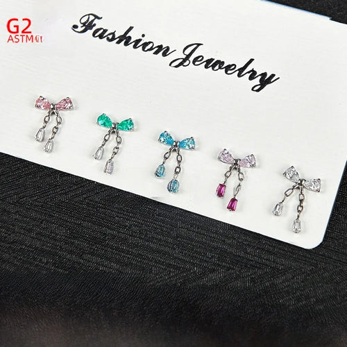 Titanium Alloy Zirconia Earrings Bow Pendant Internal Thread G23 Titanium Piercing Jewelry Unisex Butterfly