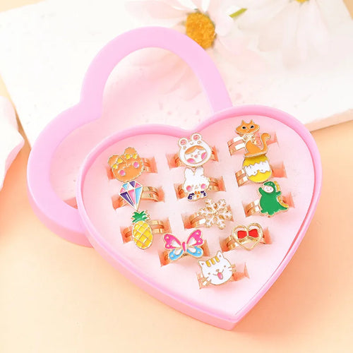 Heart Shape Cartoon Style Enamel Alloy Ring with Crystal Inlay for Kids