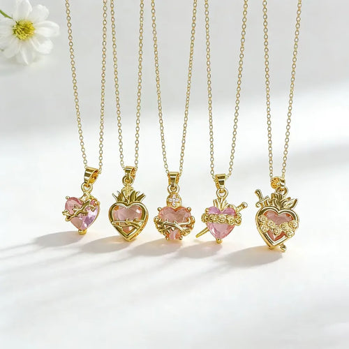 Heart Shape Inlay Pendant Necklace for Women with Zircon in Copper, 18K Real Gold Plated and PVD Coated, featuring Cable Chain