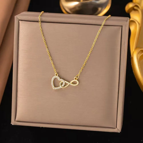 Infinity Inlay Necklace for Women with 18K Real Gold Plated Copper and Artificial Rhinestones, Featuring Water Plating and Cable Chain