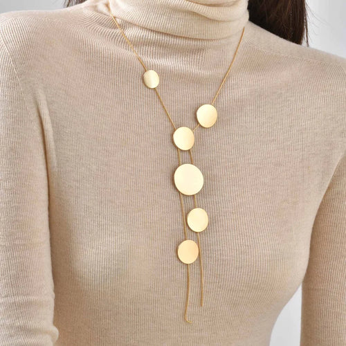 Water Plated Imitation Gold Copper Material Chain Alloy Geometric Round Piece Zircon Necklace for Women Sweater Chain