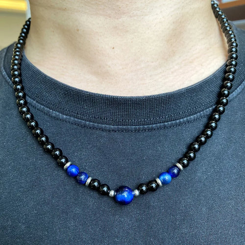ethnic style solid color stainless steel natural stone beaded men's necklace