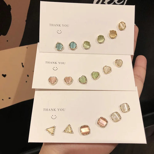 1 pair sweet round square plating inlay alloy opal ear studs