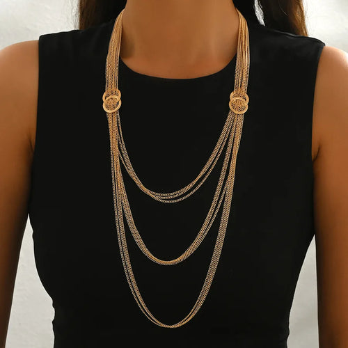 1 Piece Iron Material Simple Multi-Strand Thin Chain Loop Buckle Geometric Twisted Three-Layer Necklace Coffee Bean Chain Decorative Women's Necklace Sweater Autumn Winter Accessories