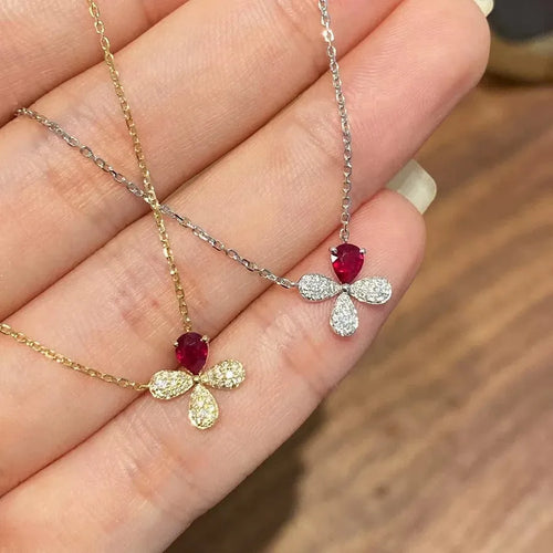 Silver Four Leaf Clover Necklace Women's S925 Pure Silver Embedded Diamond Red Zircon Simple Fashion Fresh Elegant Clavicle Chain