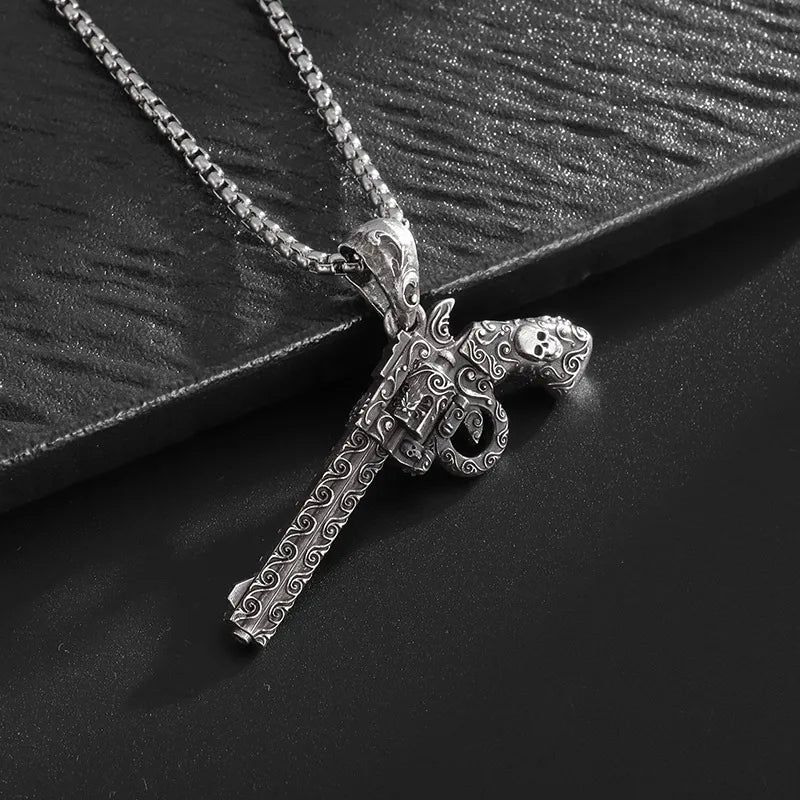 Discover the Vintage Skull Revolver Pendant Necklace - A Statement Piece for Every Occasion