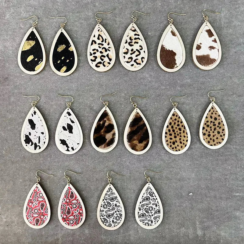 Discover the Elegance of Bohemian Style Wood Cowhide Leopard Print Earrings