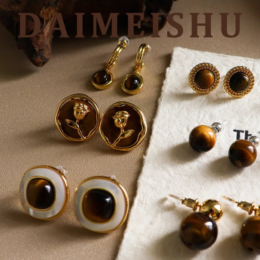 Discover the Elegance of French Vintage Tiger Eye Stone Earrings
