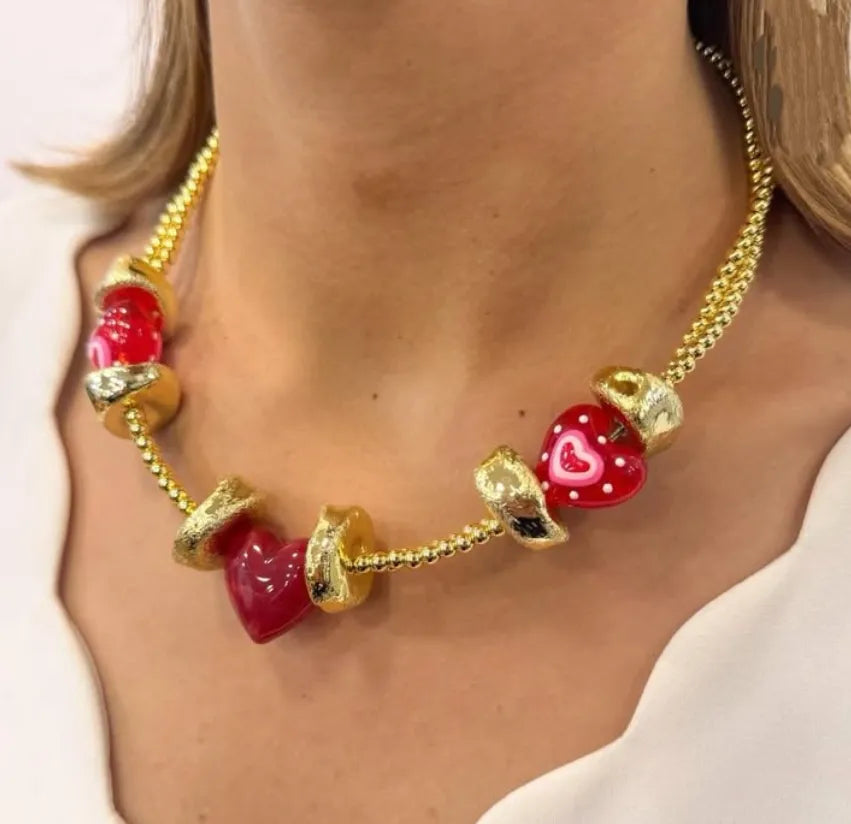 Elevate Your Style with the 18K Gold Plated CCB Universal Electroplated Heart-Shaped Handmade Beaded Chain Necklace