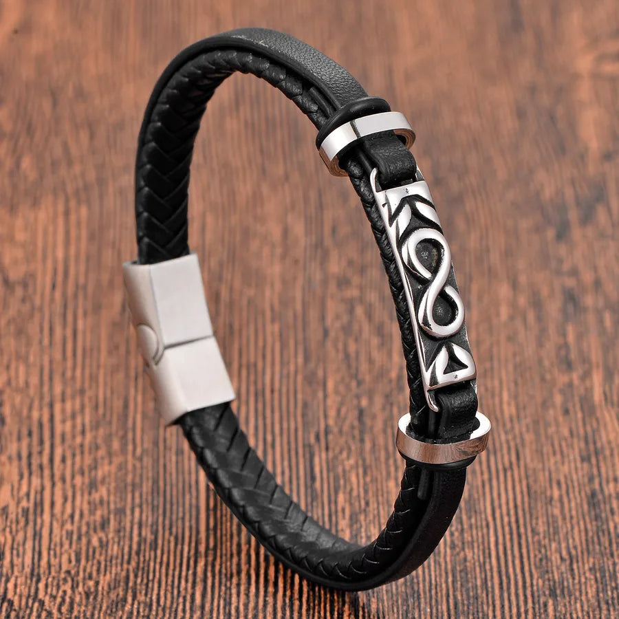 Discover the Timeless Elegance of the Black Leather Rope Stainless Steel Double Layer Men's Infinity Woven Bracelet