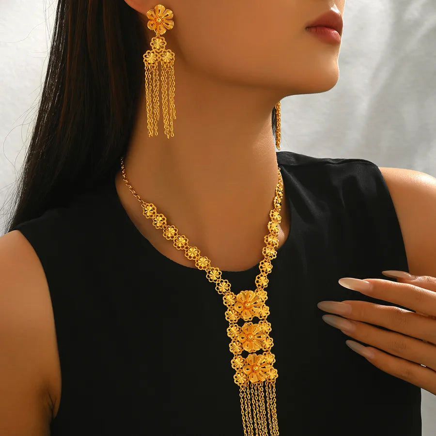 Elegance Redefined: 18K Gold Plated Floral Tassel Necklace and Earrings Set for Weddings