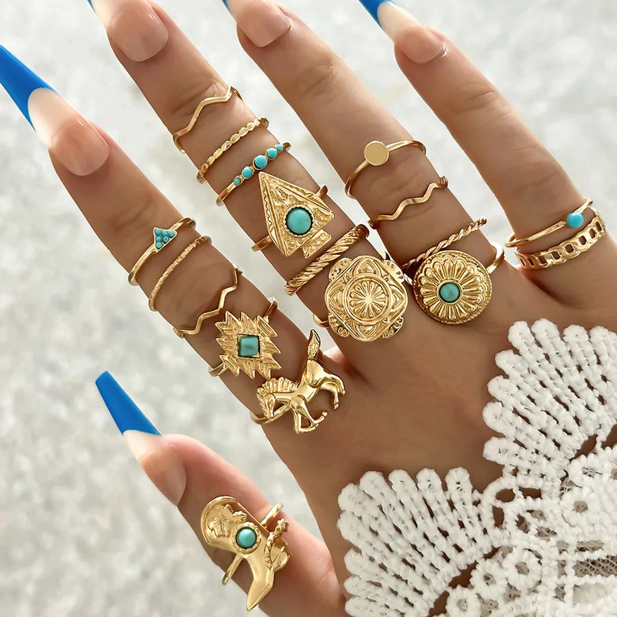 Discover the Allure of the Antique Turquoise Ring Western Cowboy Boots Carved Flower Faux Gemstone Ring Set