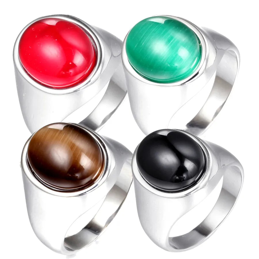 Discover the Elegance of Men's Gold Titanium Steel Ring with Brown Cat's Eye Stone