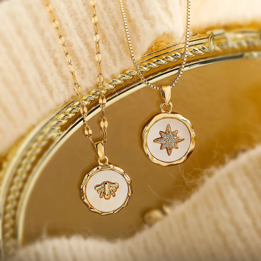 Elevate Your Style with the Simple Style Commute Star Bee Copper 18K Gold Plated Shell Zircon Pendant Necklace