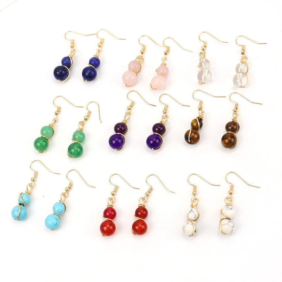 Elevate Your Style with Our Pastoral Gourd Beaded Natural Stone Copper Drop Earrings