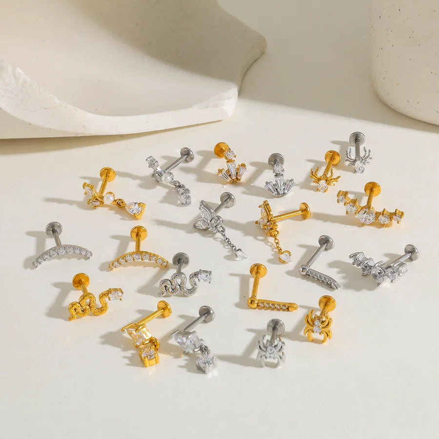 Elevate Your Style with the 304 Stainless Steel 18K Gold Plated Zircon Geometric Spider Flower Ear Bone Studs