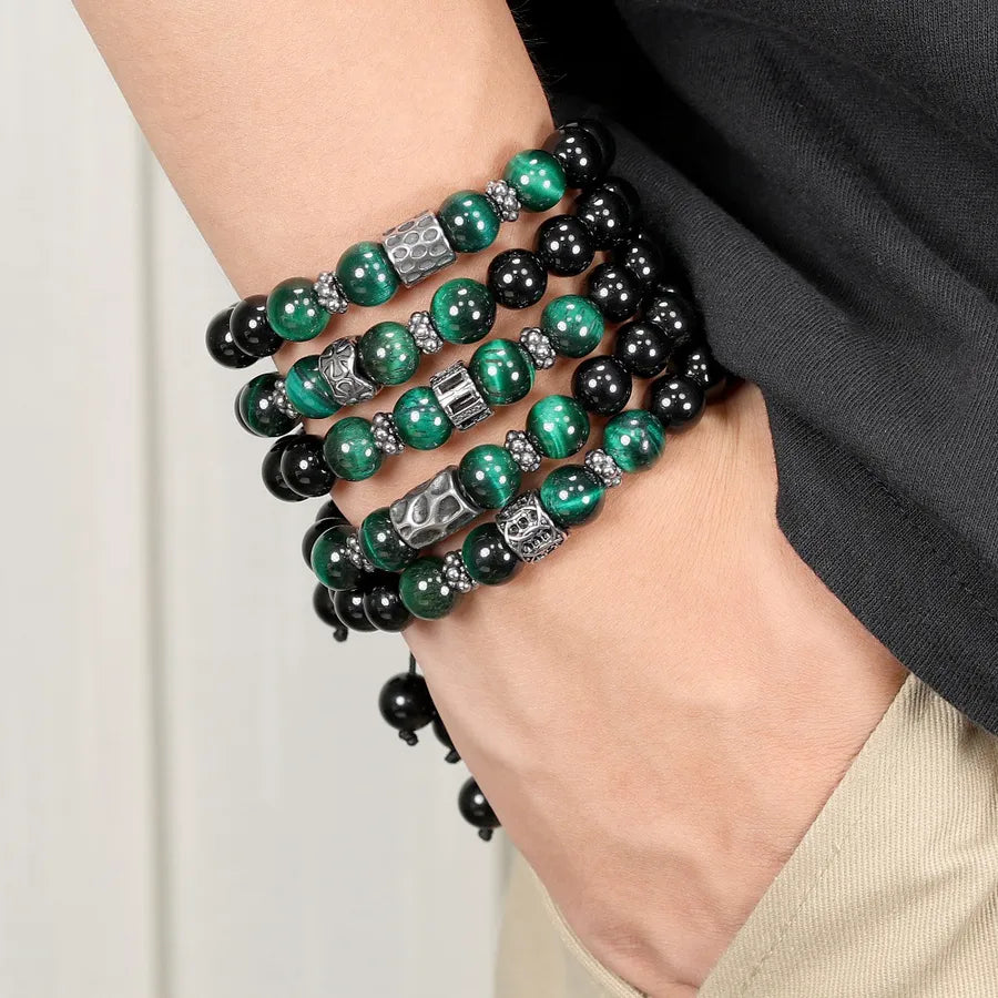 Elevate Your Style with the Handmade Men's Black Agate & Green Tiger Eye Beaded Bracelet