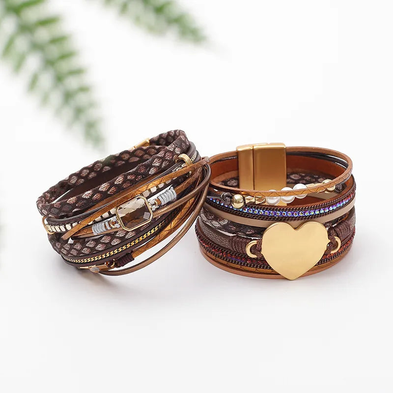 Discover the Elegance of the Bohemian Style Magnetic Clasp Heart Pearl Multi-Layer Leather Bracelet