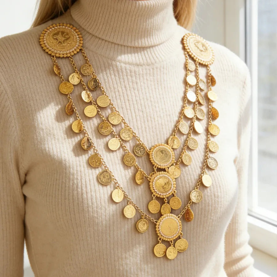 Elevate Your Style with the Gold Coin Double Brooch Multi-Layer Body Chain