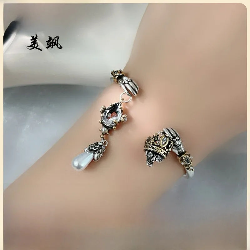 Elevate Your Style with the Adjustable Pearl Bracelet Skull Design Open Ring Light Jewelry for Women