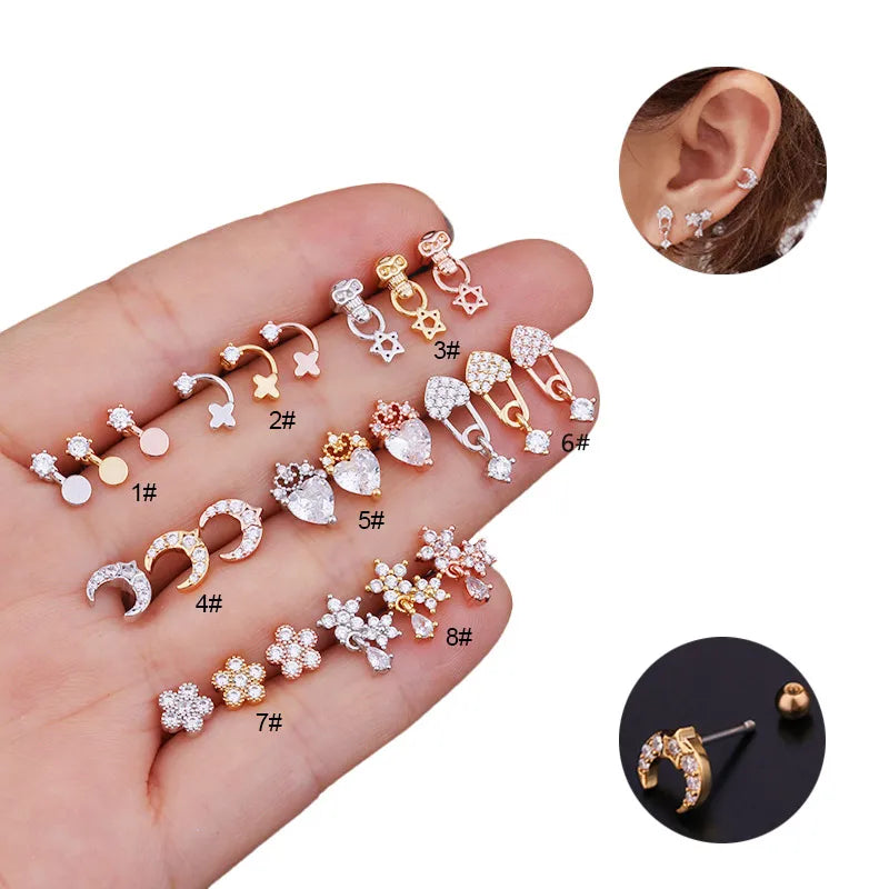 Elevate Your Style with the Stainless Steel Fine Rod Screw Moon Design Cartilage Piercing Earring