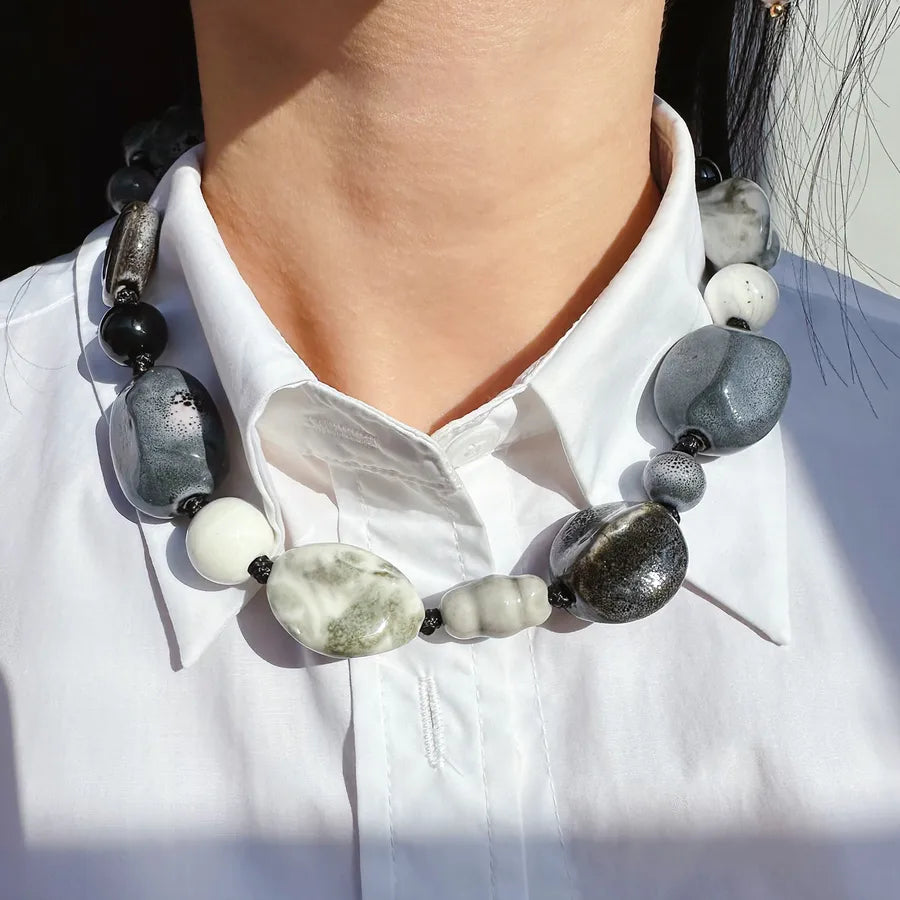 Elevate Your Style with the Black and White Ceramic Beaded Large Necklace and Earrings Set