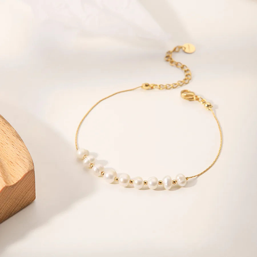 Elevate Your Style with Our Retro Geometric Stainless Steel Gold Plated Pearl Bracelets