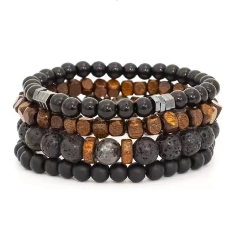 Discover the Elegance of Our Natural Volcanic Rock and Wood Beads Bracelet Set