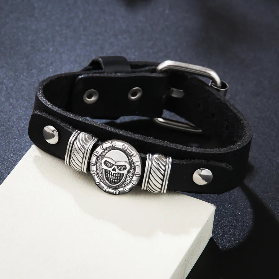 Discover the Trendy Jewelry Electroplated Skull Alloy Cross Wrench Decorative Adjustable Leather Bracelet