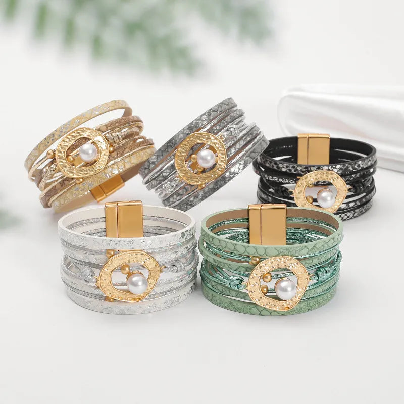 Elevate Your Style with the Fashionable Multi-Layer Pearl Leather Bracelet