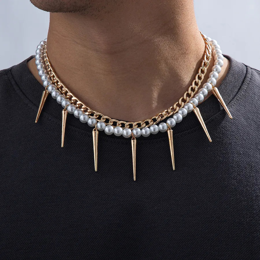 Elevate Your Style with Our Men's Fashion Imitation Pearl Rivet Chain Necklace Set