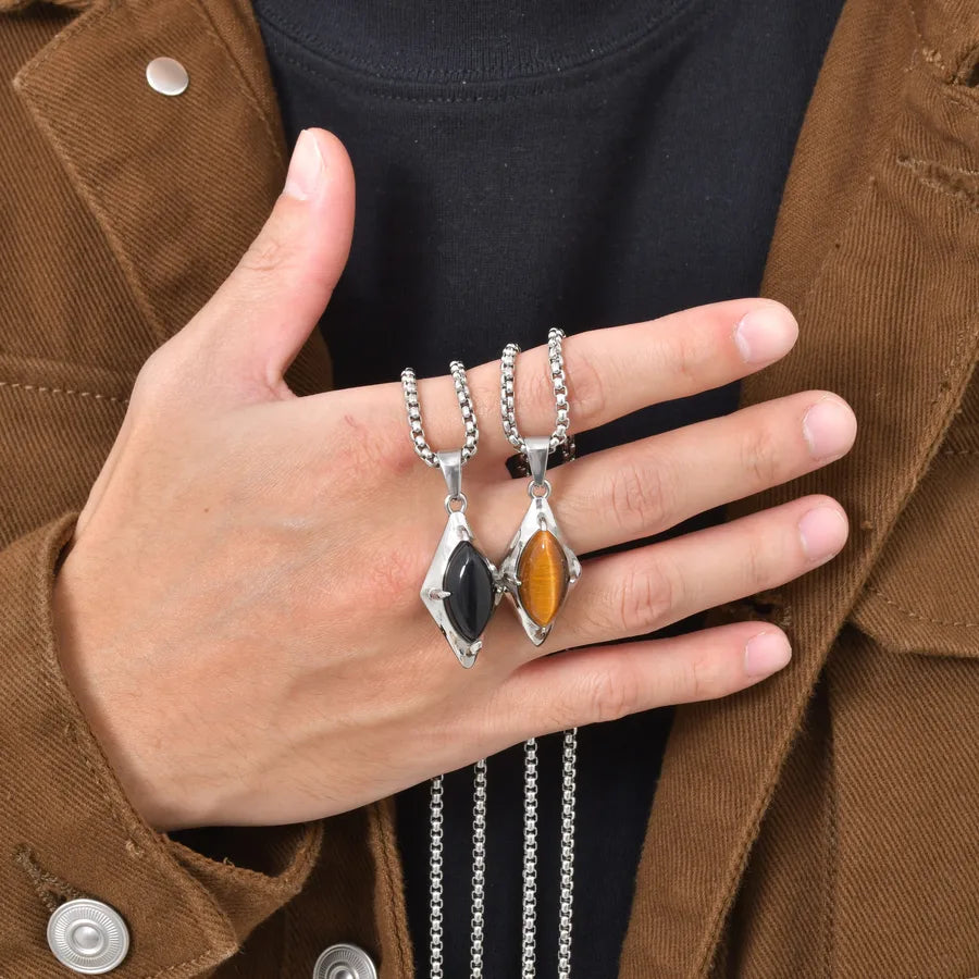 Elevate Your Style with the Men's Classic Jewelry Natural Agate Tiger Eye Stone Geometric Pendant Necklace