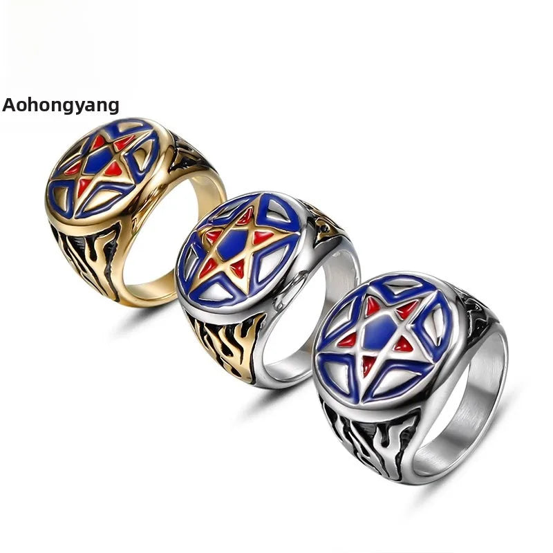 Discover the Timeless Elegance of the Vintage Five-Pointed Star Resin Water Drop Stainless Steel Men's Index Finger Ring