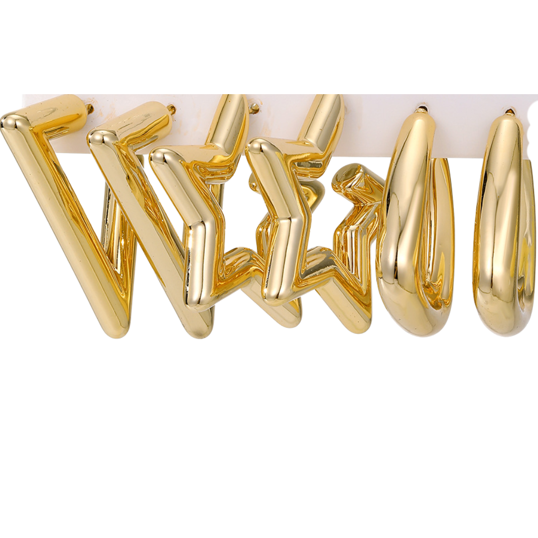 flavouredlove 3 pairs gold plated Simple Style Triangle Star Solid Color Plating Alloy Earrings - FLA1056