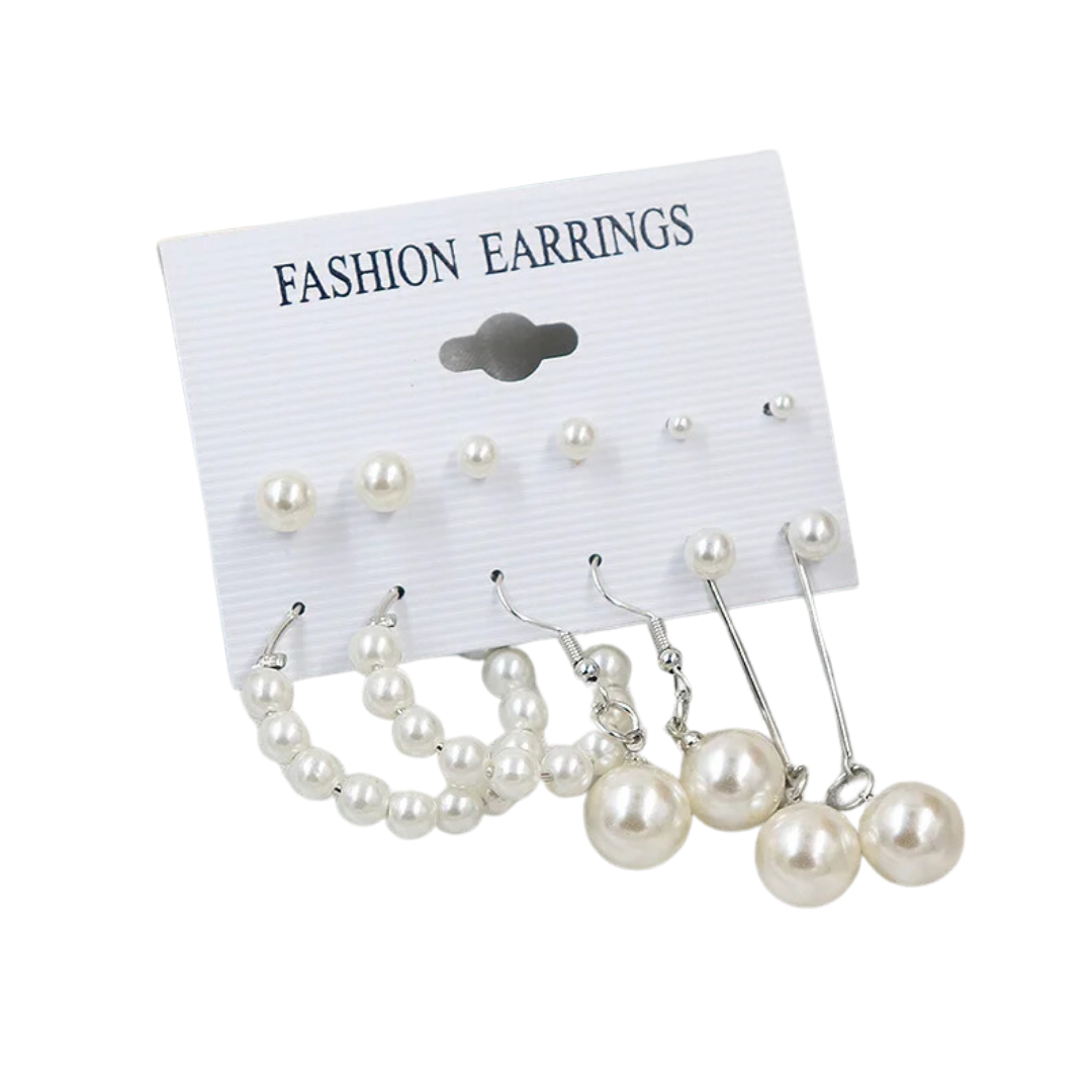 6 pairs imitation pearl set - Silver color - FLA1072