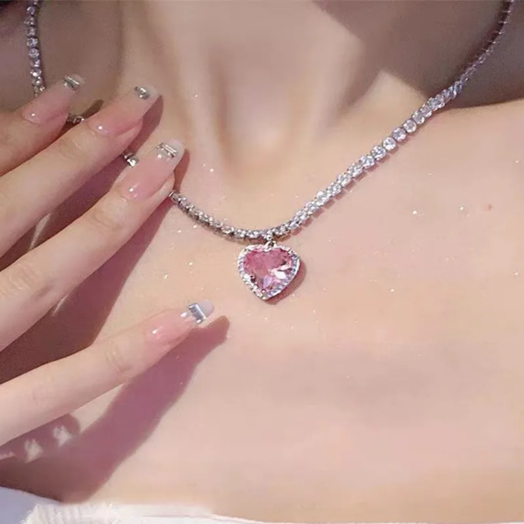 flavouredlove pink Sweet Heart Shape Alloy Inlay Zircon Women's Pendant Necklace - FLA1076