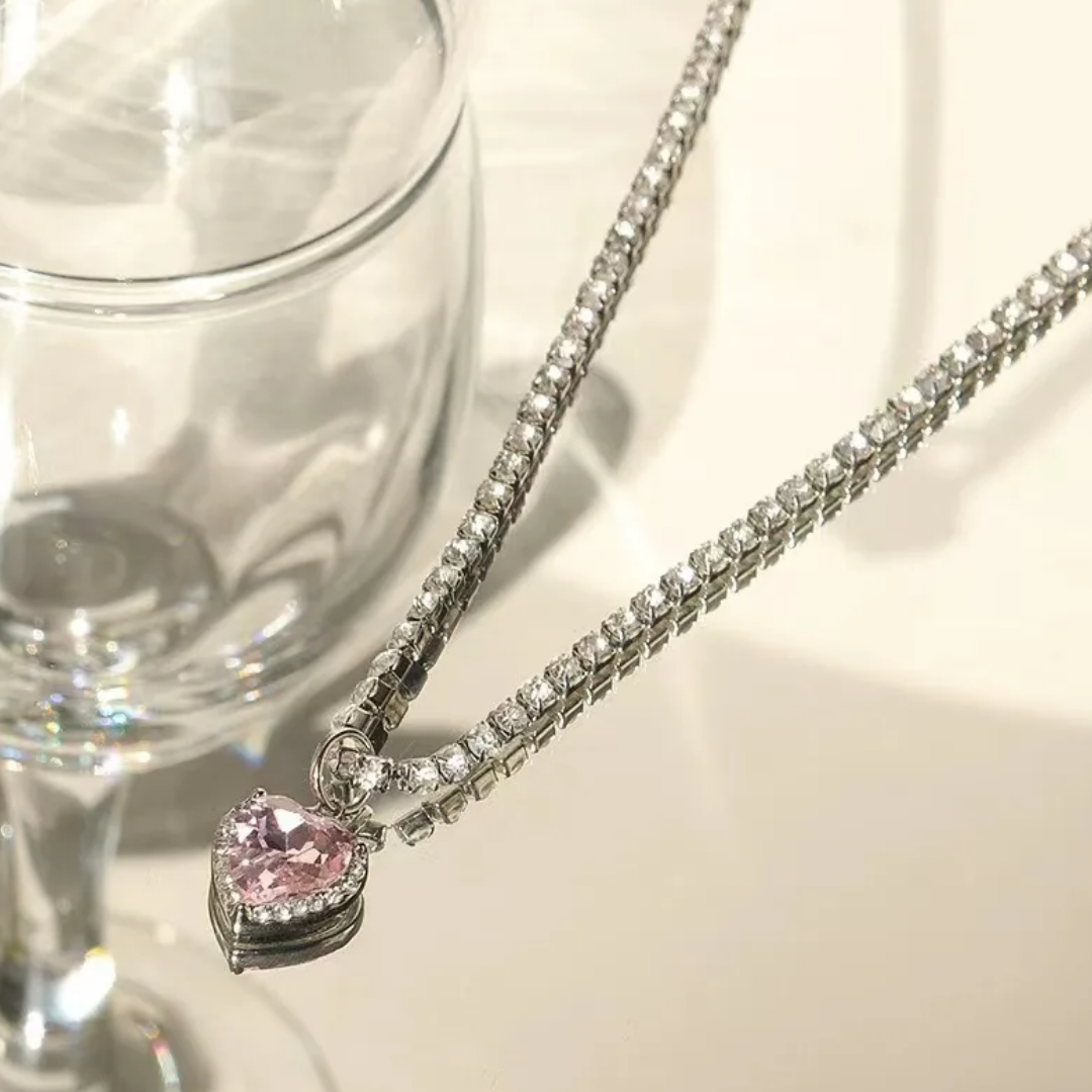 flavouredlove pink Sweet Heart Shape Alloy Inlay Zircon Women's Pendant Necklace - FLA1076