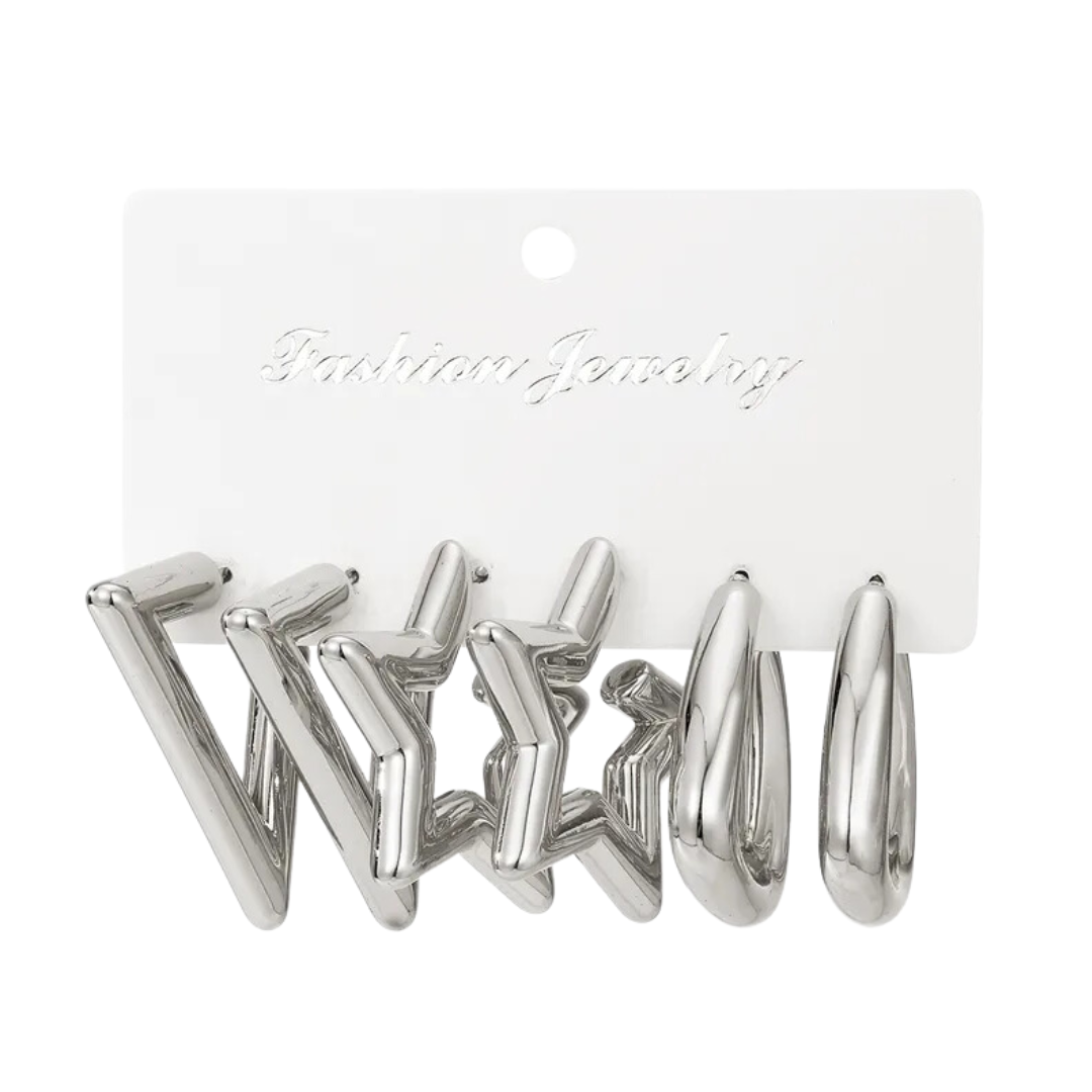 flavouredlove 3 pairs silver plated Simple Style Triangle Star Solid Color Plating Alloy Earrings - FLA1055