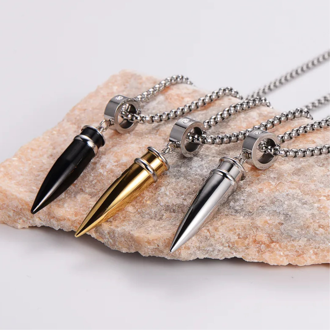 flavouredlove Customized / Personalized Hip-Hop Bullet Stainless Steel Plating Inlay Men's Pentent Necklace - Silver - FLA1036