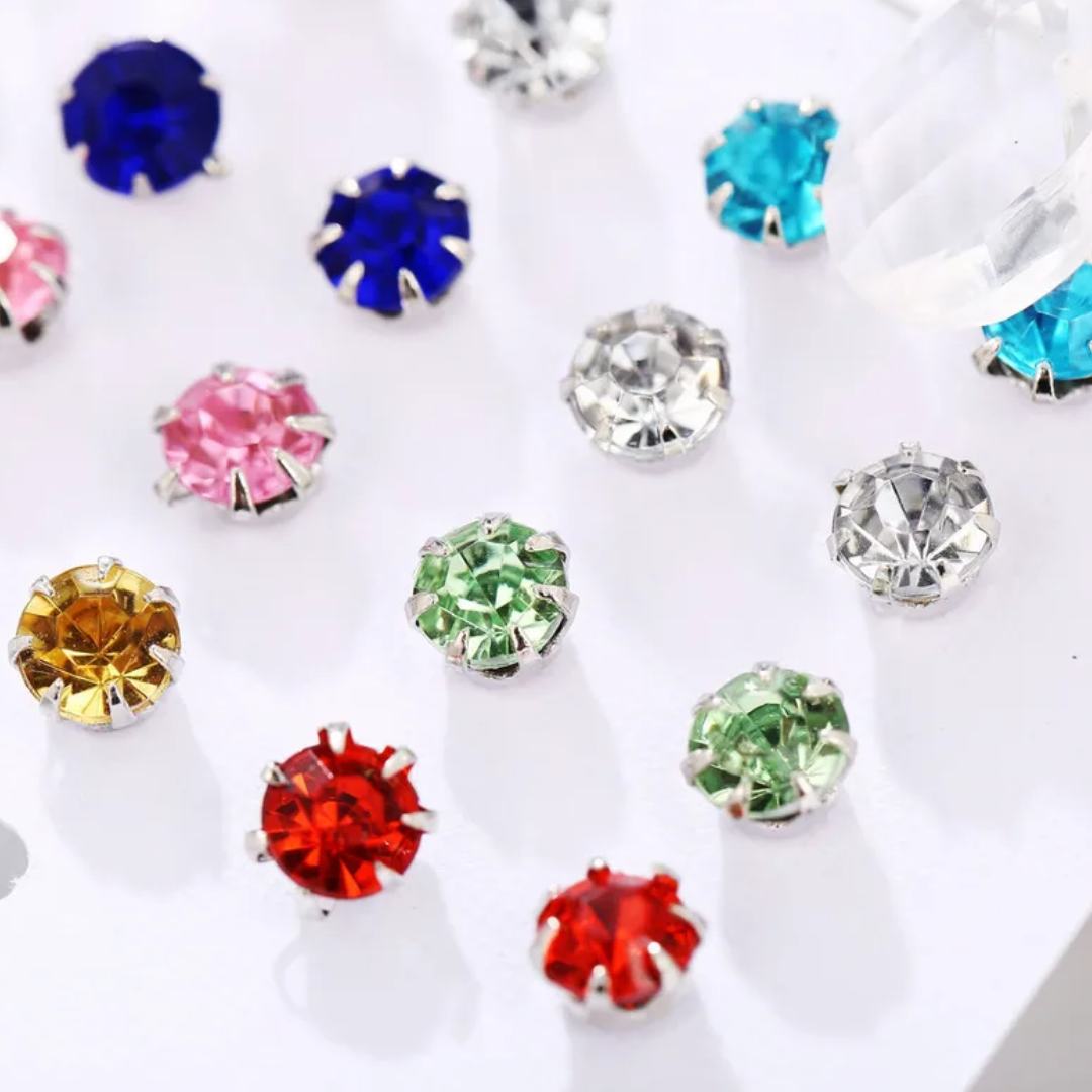 flavouredlove 12 pairs Simple Style Solid Color Alloy Plating Inlay Artificial Crystal Ear Studs - FLA1054