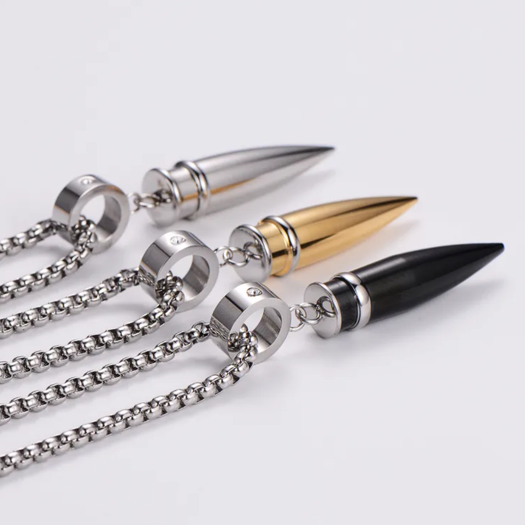 flavouredlove Customized / Personalized Hip-Hop Bullet Stainless Steel Plating Inlay Men's Pentent Necklace - Silver - FLA1036