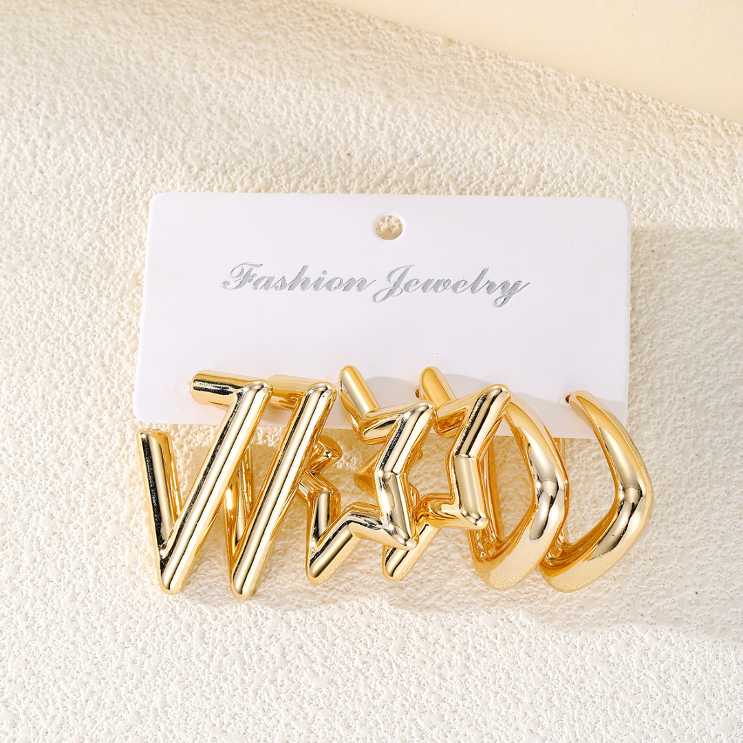 flavouredlove 3 pairs gold plated Simple Style Triangle Star Solid Color Plating Alloy Earrings - FLA1056
