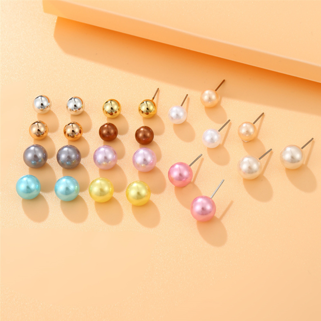 flavouredlove 12 pairs Sweet Geometric Solid Color Stoving Varnish Imitation Pearl Ear Studs - FLA1053