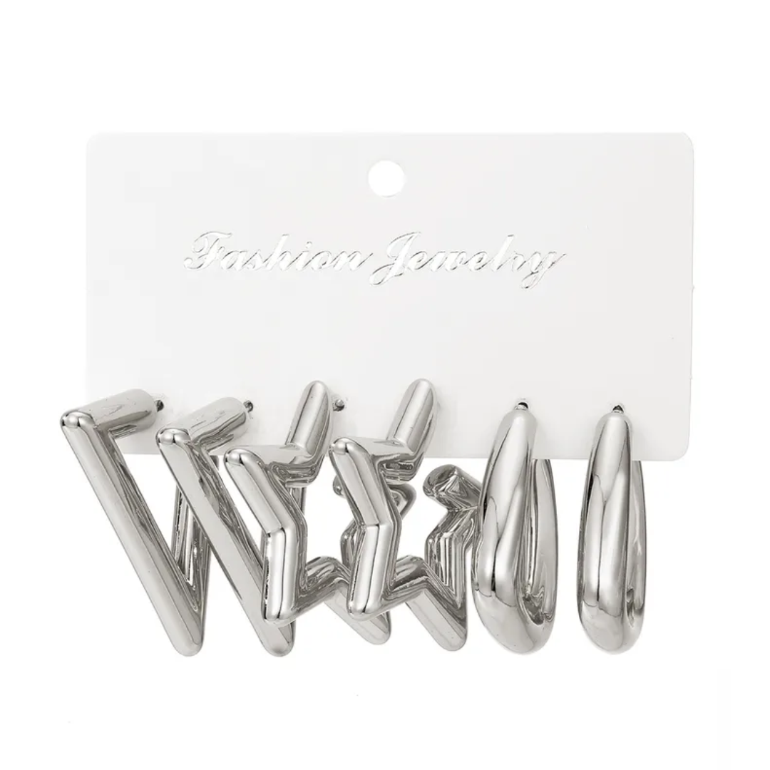 flavouredlove 3 pairs silver plated Simple Style Triangle Star Solid Color Plating Alloy Earrings - FLA1055