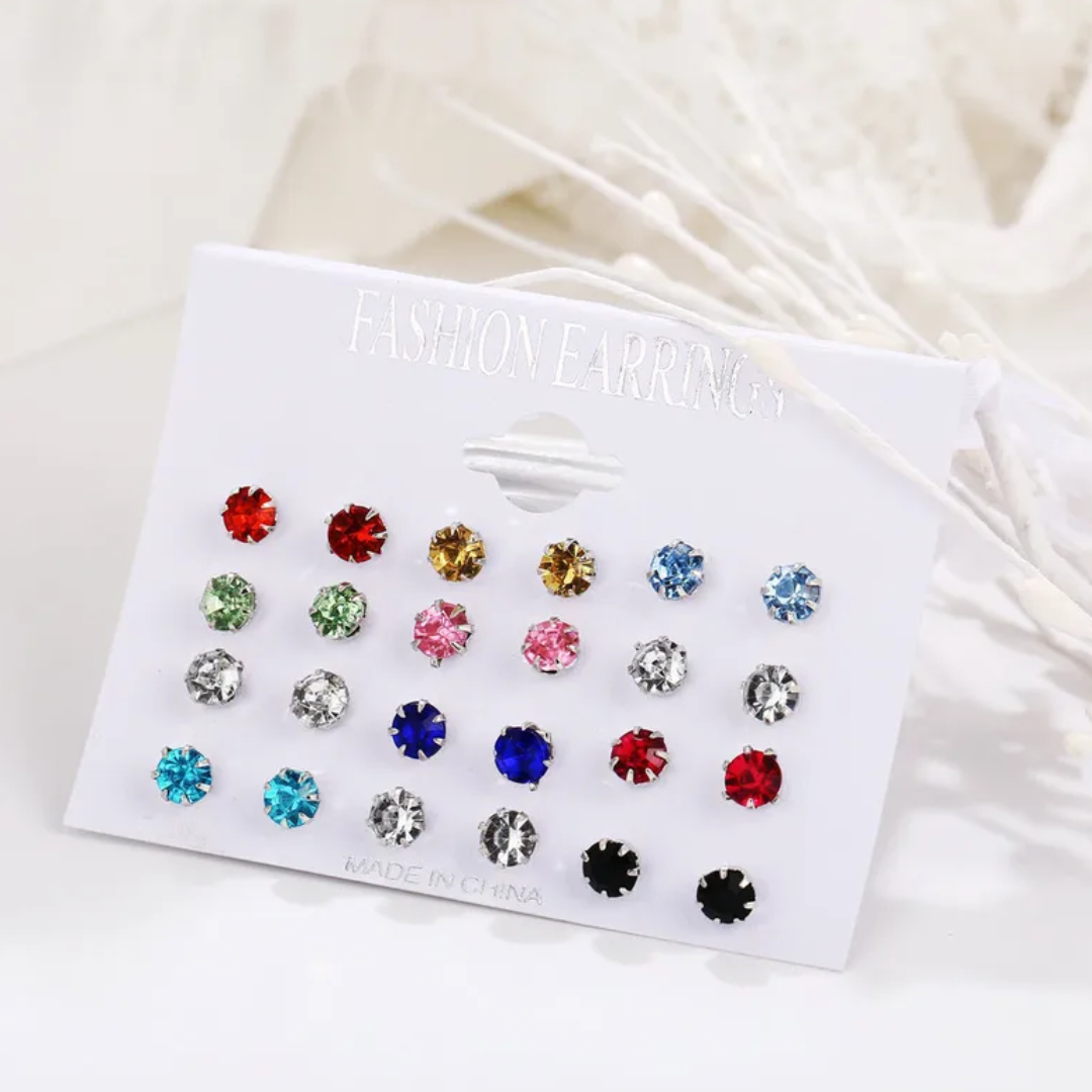 flavouredlove 12 pairs Simple Style Solid Color Alloy Plating Inlay Artificial Crystal Ear Studs - FLA1054
