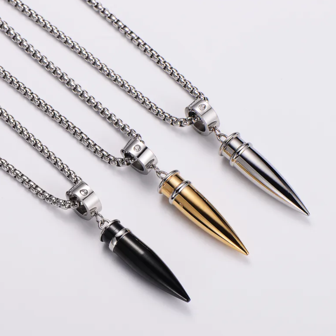 flavouredlove Customized / Personalized Hip-Hop Bullet Stainless Steel Plating Inlay Men's Pentent Necklace - Silver - FLA1036