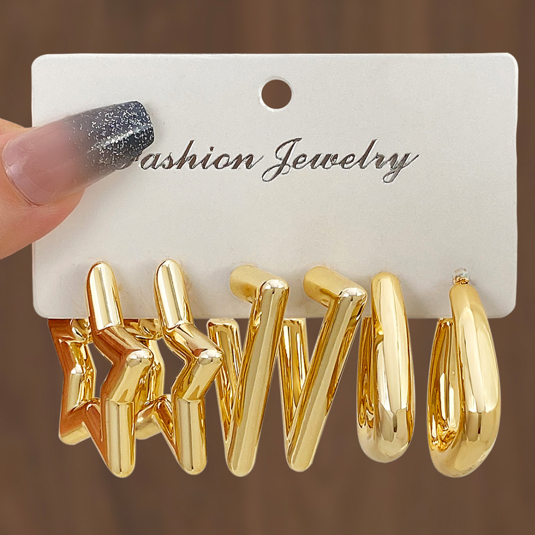 flavouredlove 3 pairs gold plated Simple Style Triangle Star Solid Color Plating Alloy Earrings - FLA1056