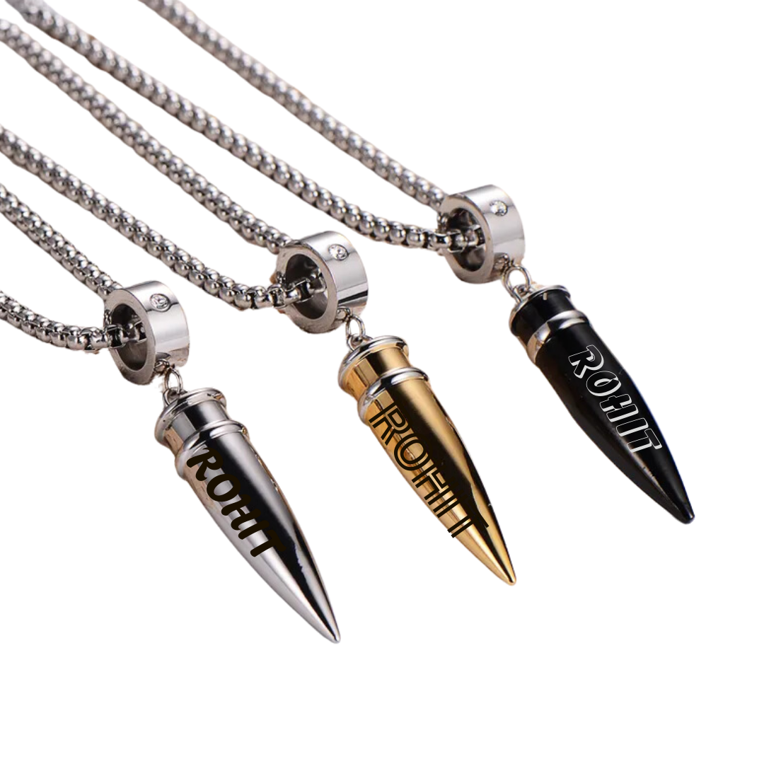 flavouredlove Customized / Personalized Hip-Hop Bullet Stainless Steel Plating Inlay Men's Pentent Necklace - Silver - FLA1036