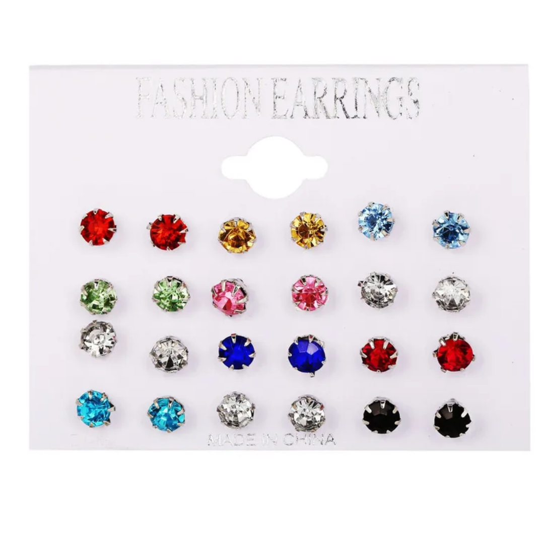 flavouredlove 12 pairs Simple Style Solid Color Alloy Plating Inlay Artificial Crystal Ear Studs - FLA1054