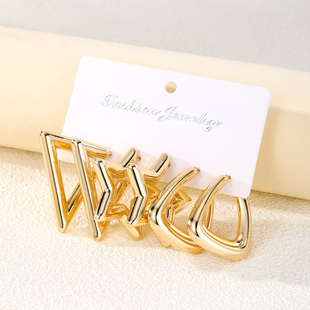 flavouredlove 3 pairs gold plated Simple Style Triangle Star Solid Color Plating Alloy Earrings - FLA1056